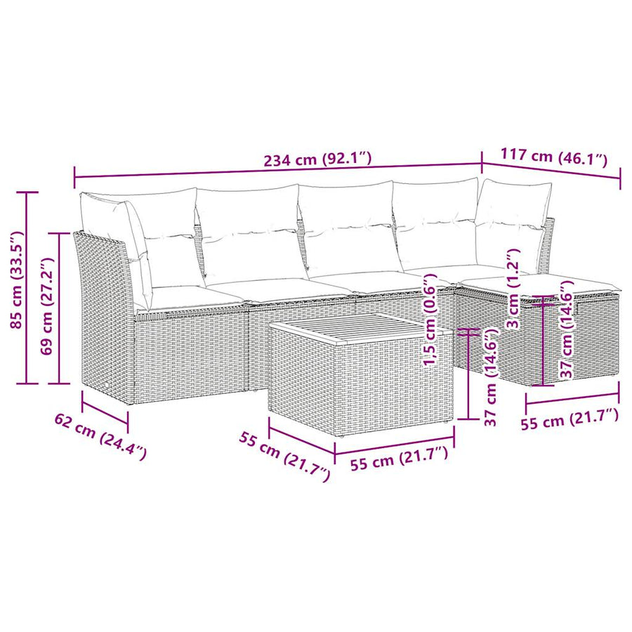 6-delige Loungeset met kussens poly rattan zwart