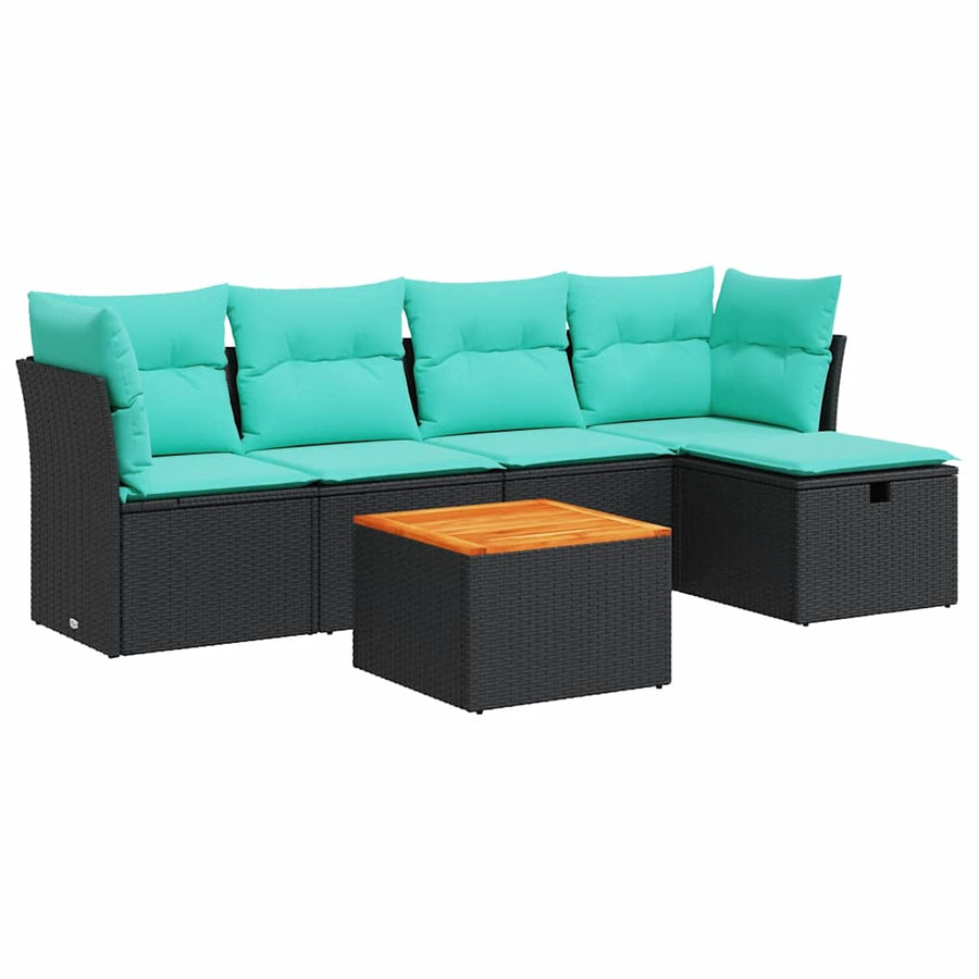 6-delige Loungeset met kussens poly rattan zwart