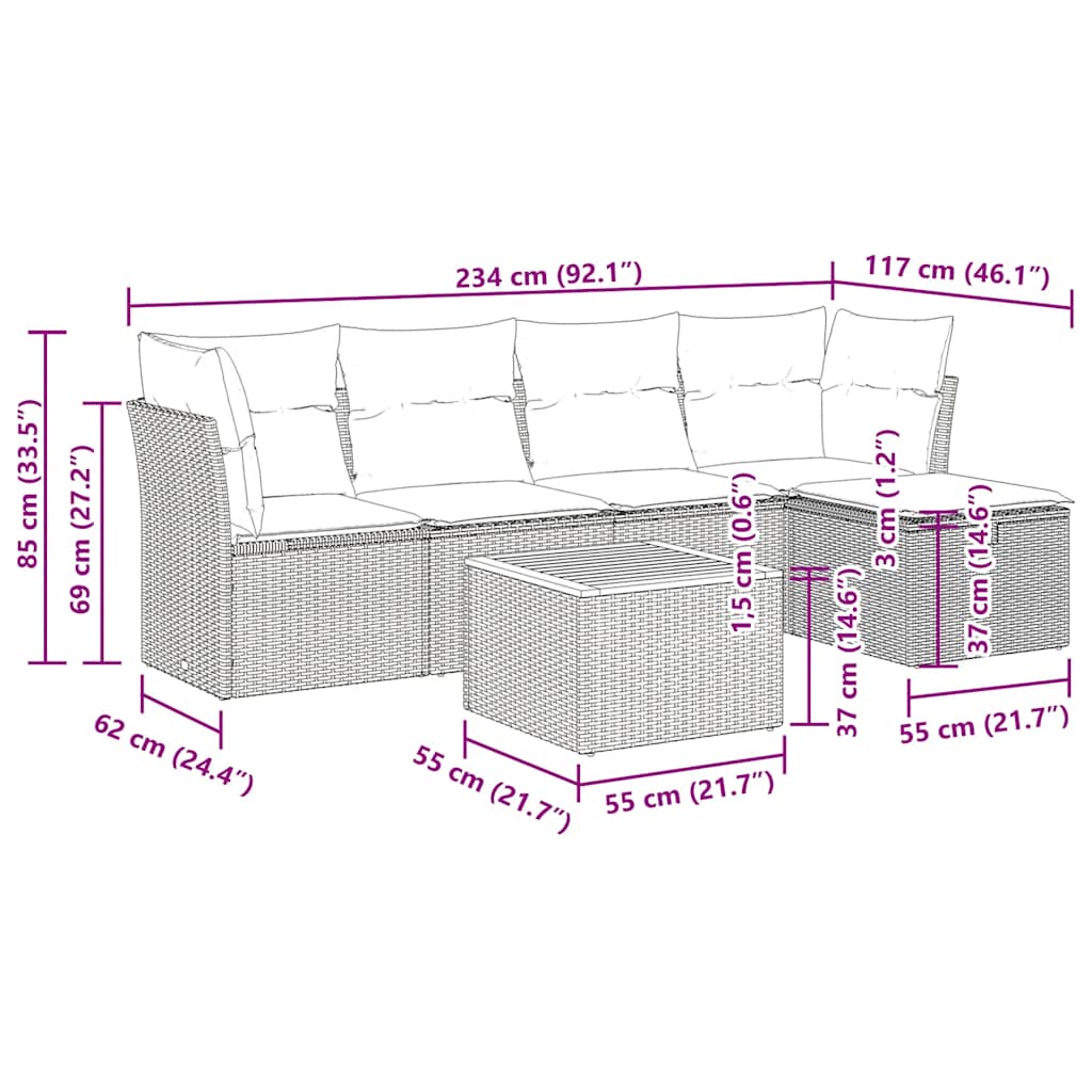 6-delige Loungeset met kussens poly rattan zwart