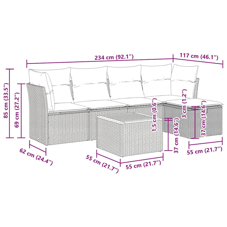 6-delige Loungeset met kussens poly rattan zwart