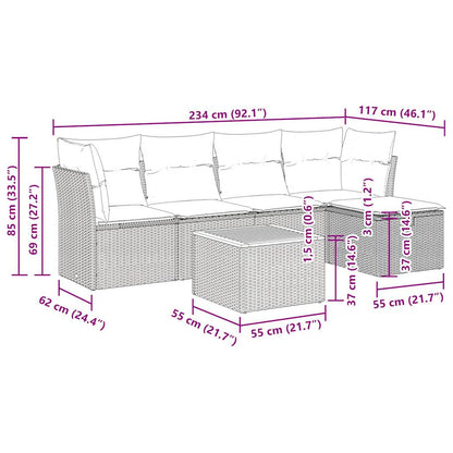 6-delige Loungeset met kussens poly rattan beige
