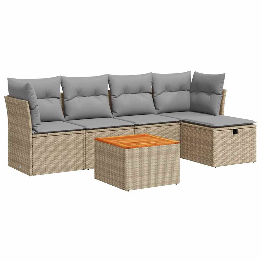 6-delige Loungeset met kussens poly rattan beige
