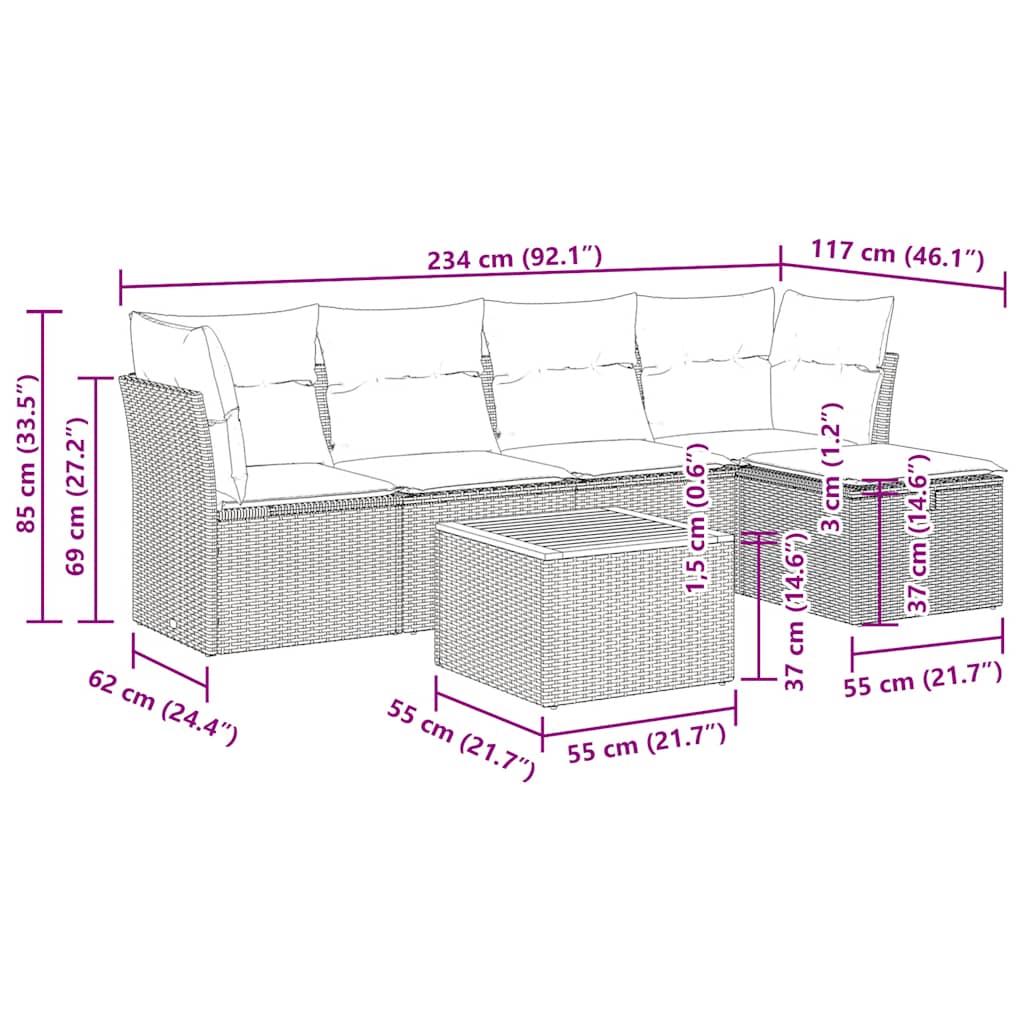6-delige Loungeset met kussens poly rattan grijs