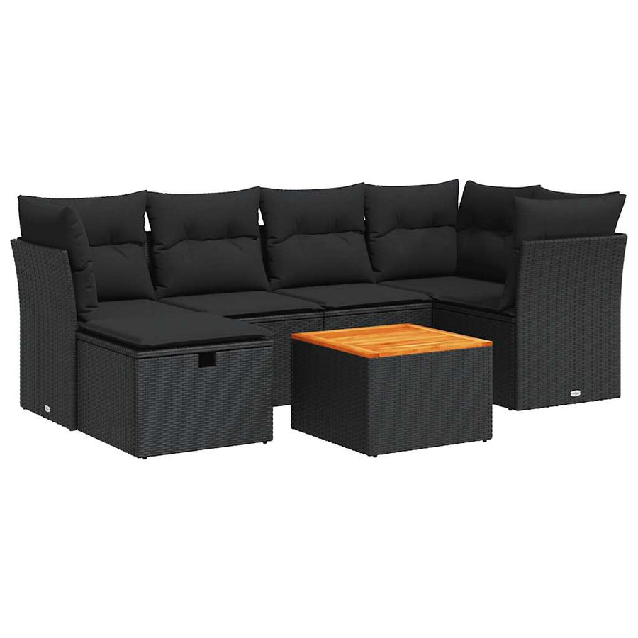 7-delige Loungeset met kussens poly rattan zwart