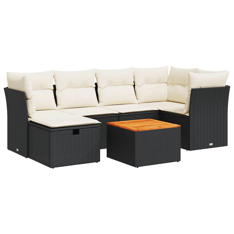 7-delige Loungeset met kussens poly rattan zwart