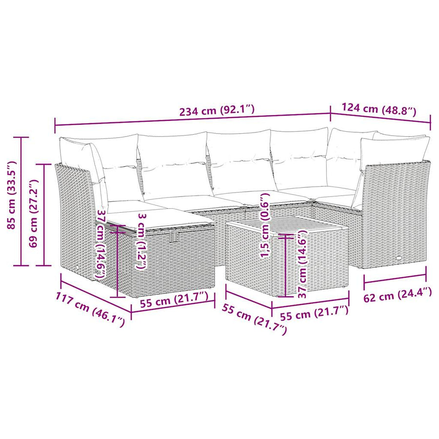 7-delige Loungeset met kussens poly rattan zwart