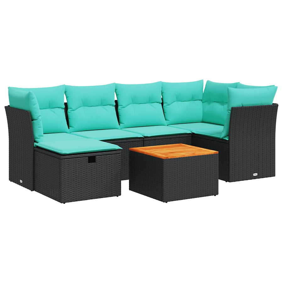 7-delige Loungeset met kussens poly rattan zwart
