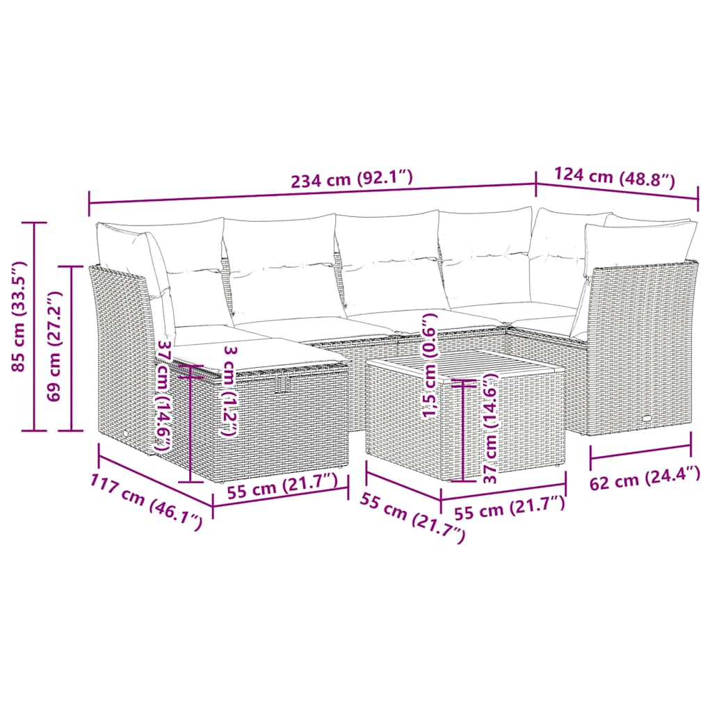 7-delige Loungeset met kussens poly rattan zwart