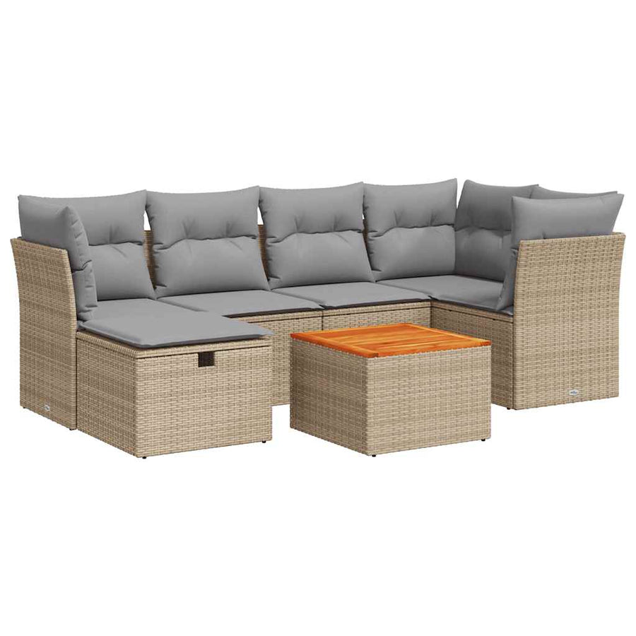 7-delige Loungeset met kussens poly rattan beige
