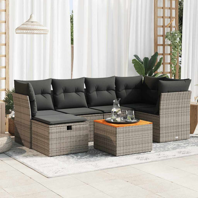 7-delige Loungeset met kussens poly rattan grijs