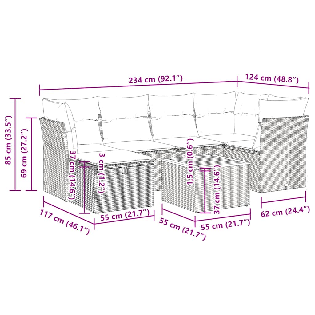 7-delige Loungeset met kussens poly rattan grijs