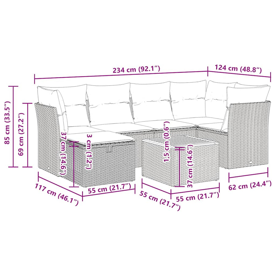 7-delige Loungeset met kussens poly rattan grijs