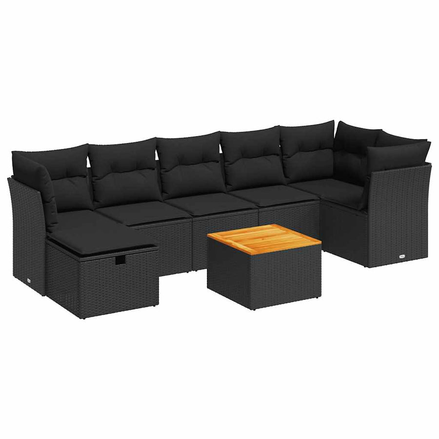 8-delige Loungeset met kussens poly rattan zwart