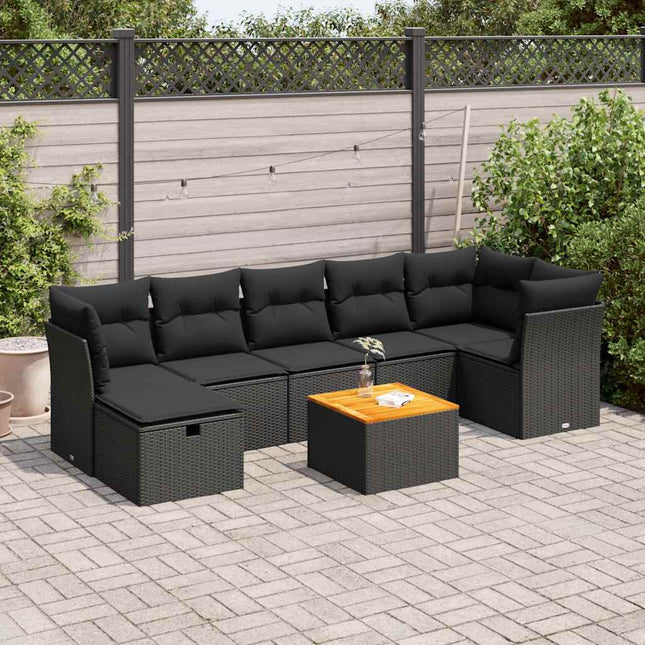 8-delige Loungeset met kussens poly rattan zwart