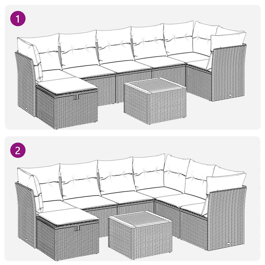 8-delige Loungeset met kussens poly rattan zwart