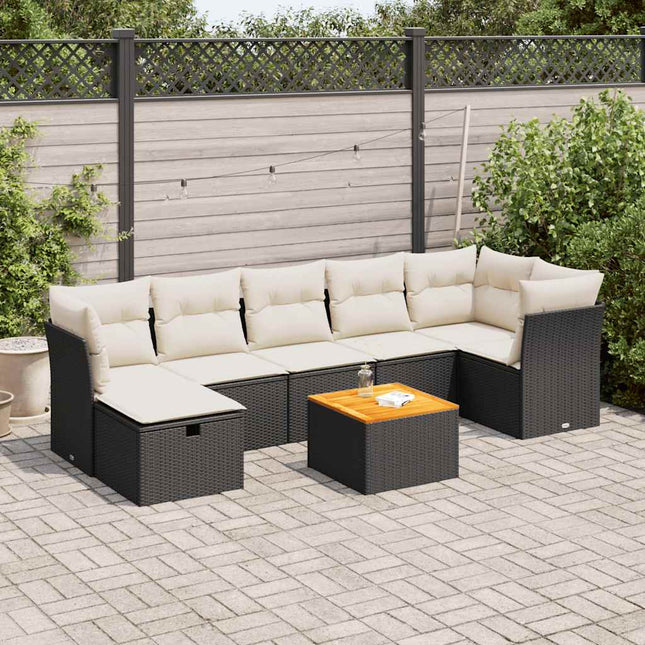 8-delige Loungeset met kussens poly rattan zwart