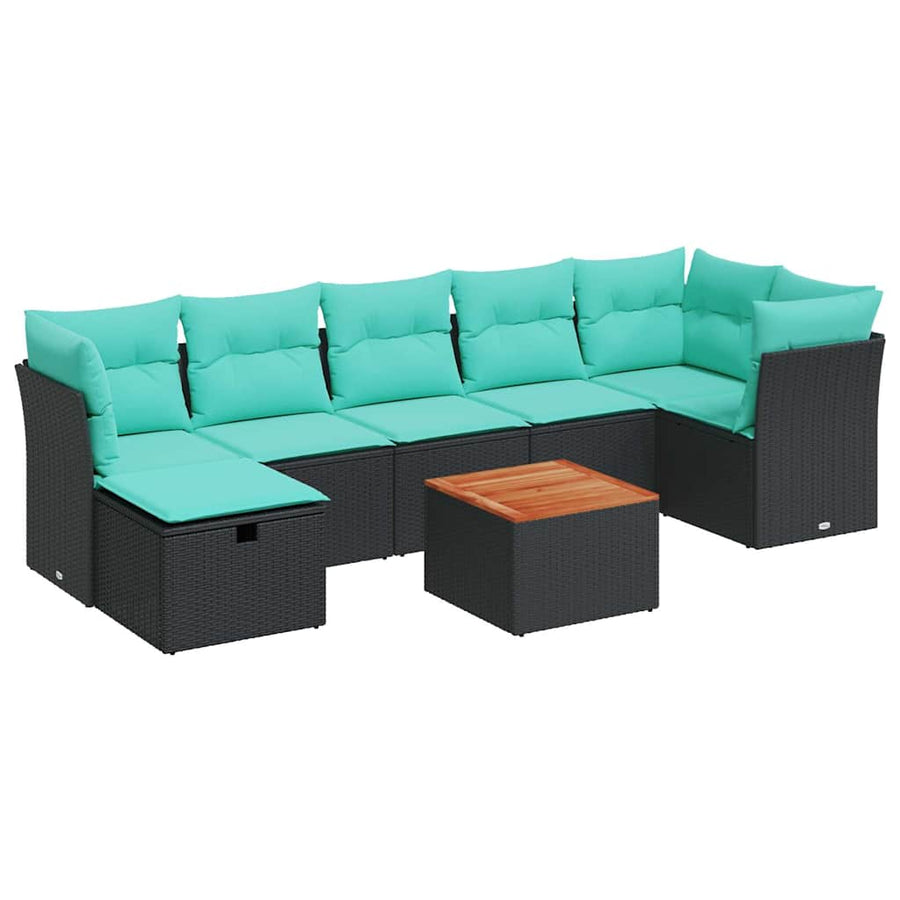 8-delige Loungeset met kussens poly rattan zwart