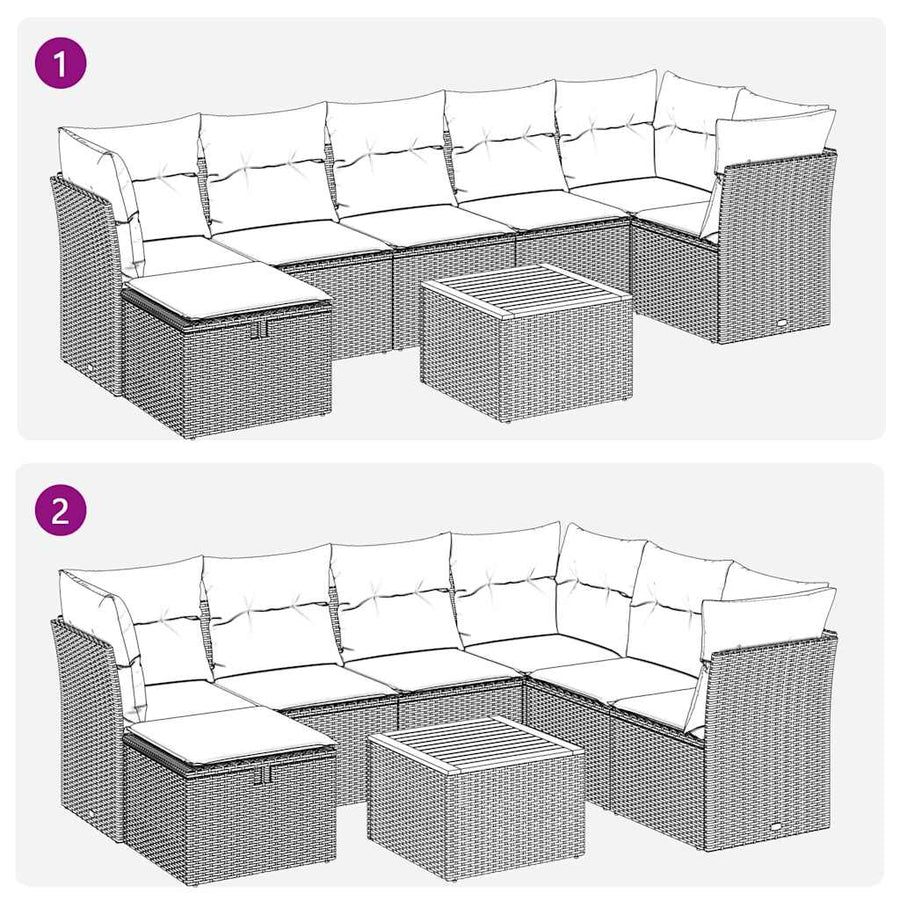 8-delige Loungeset met kussens poly rattan zwart