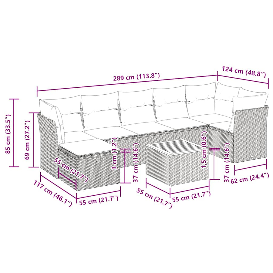 8-delige Loungeset met kussens poly rattan zwart