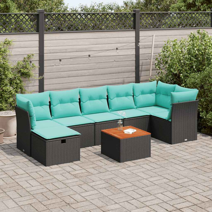 8-delige Loungeset met kussens poly rattan zwart
