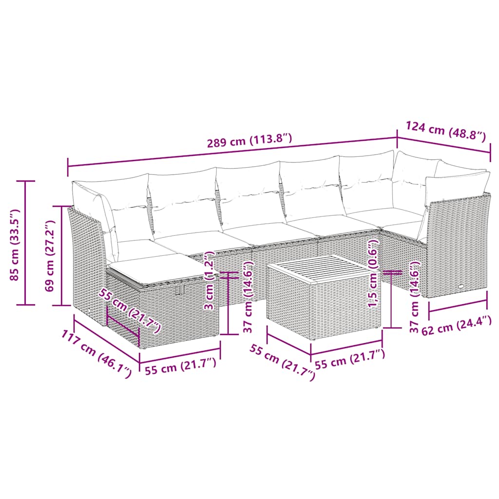 8-delige Loungeset met kussens poly rattan grijs