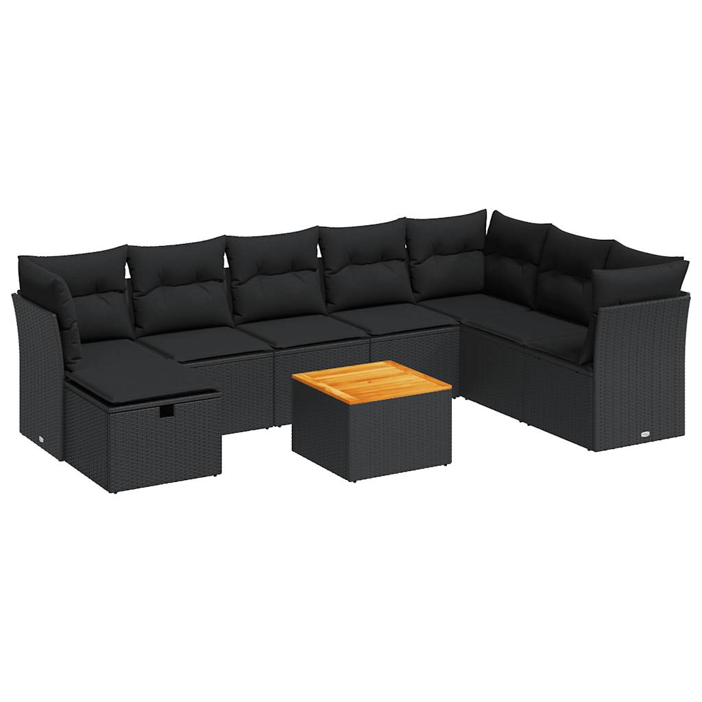 9-delige Loungeset met kussens poly rattan zwart