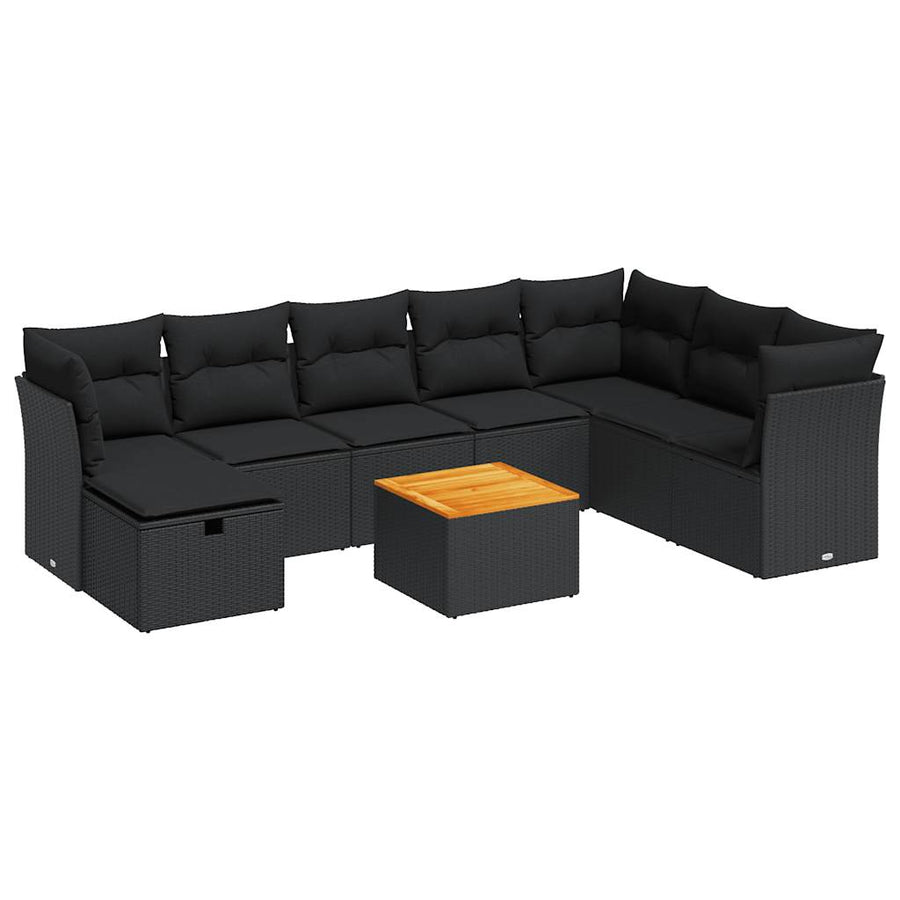 9-delige Loungeset met kussens poly rattan zwart