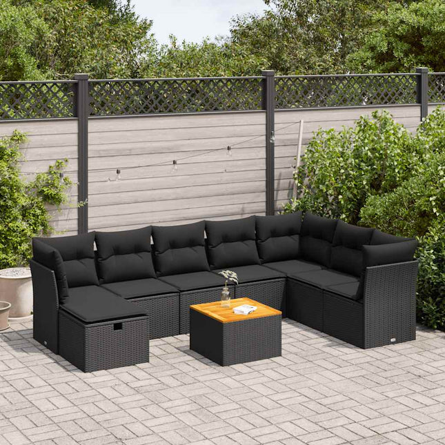 9-delige Loungeset met kussens poly rattan zwart