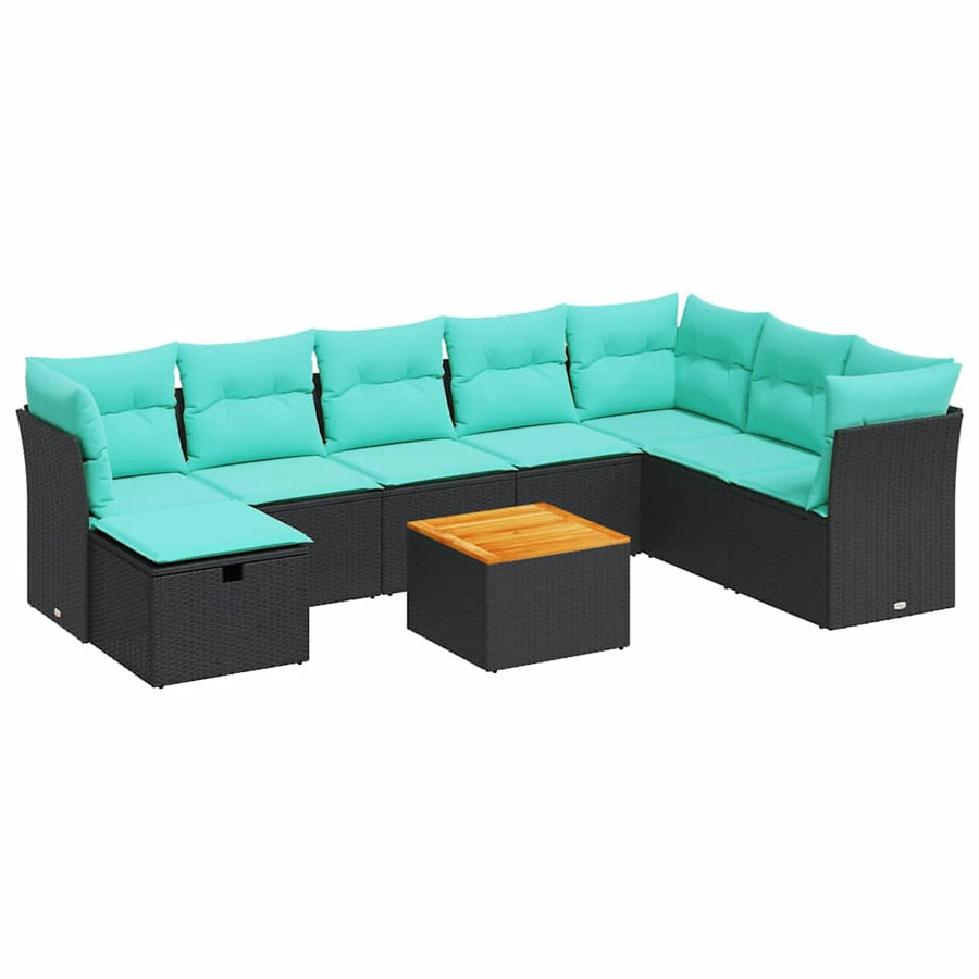 9-delige Loungeset met kussens poly rattan zwart