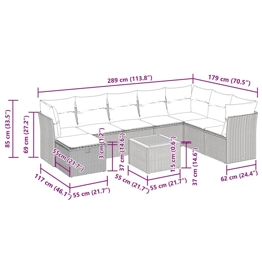 9-delige Loungeset met kussens poly rattan zwart