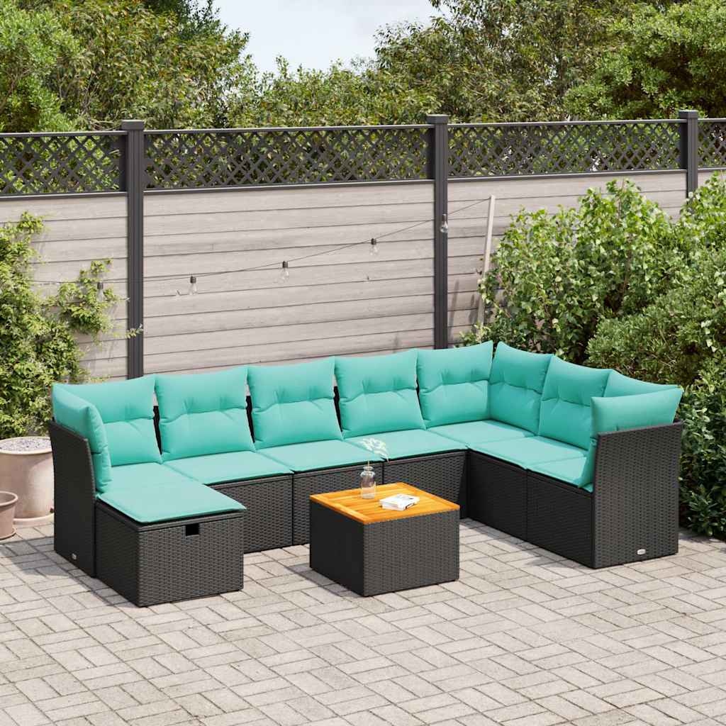 9-delige Loungeset met kussens poly rattan zwart