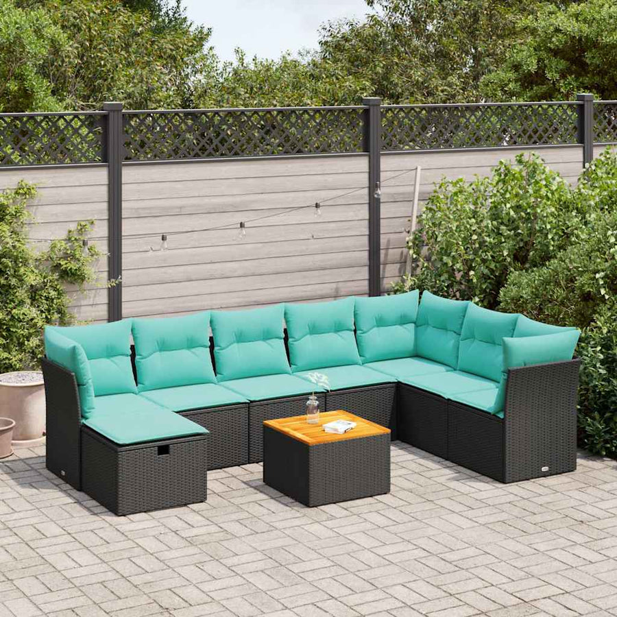 9-delige Loungeset met kussens poly rattan zwart