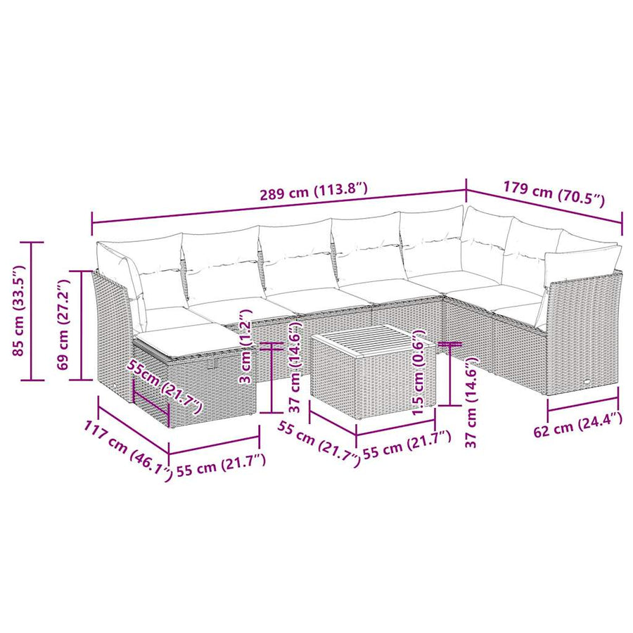 9-delige Loungeset met kussens poly rattan beige