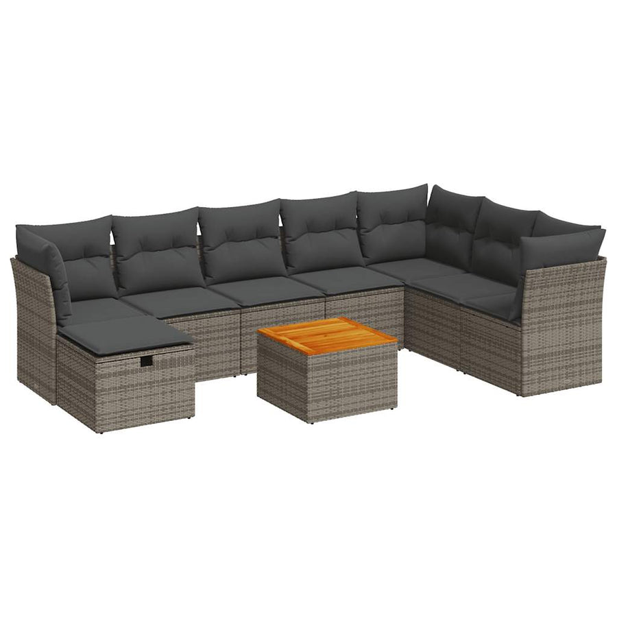 9-delige Loungeset met kussens poly rattan grijs