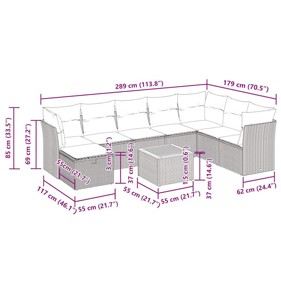 9-delige Loungeset met kussens poly rattan grijs
