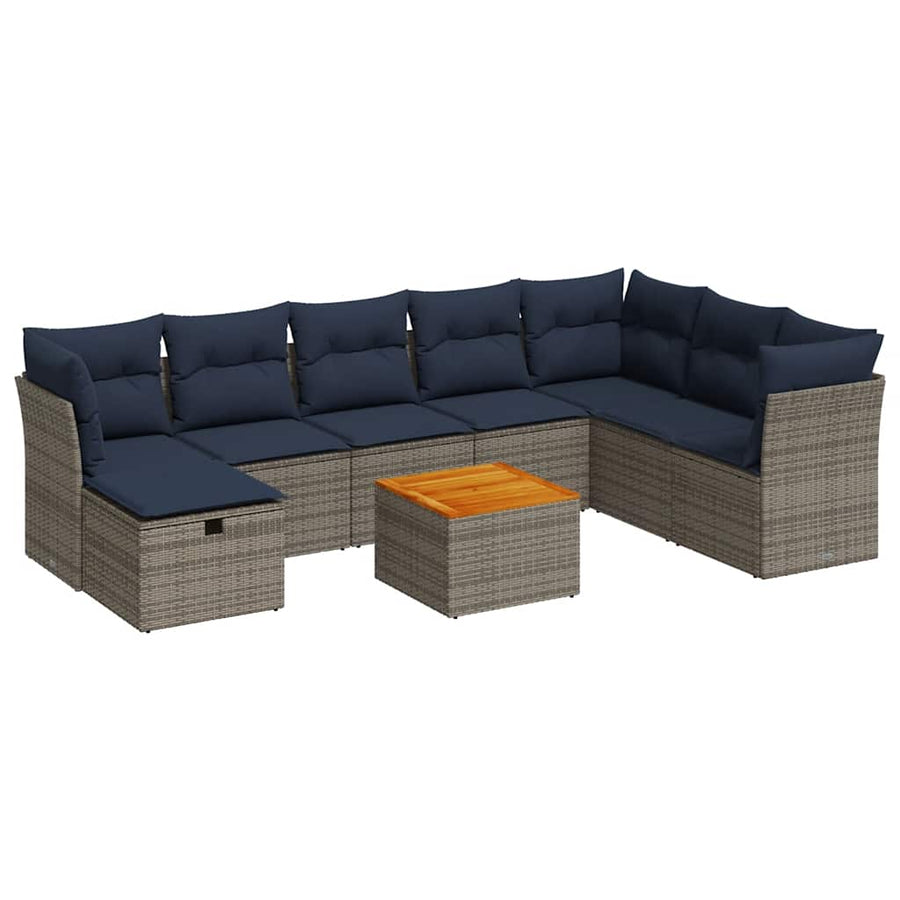 9-delige Loungeset met kussens poly rattan grijs