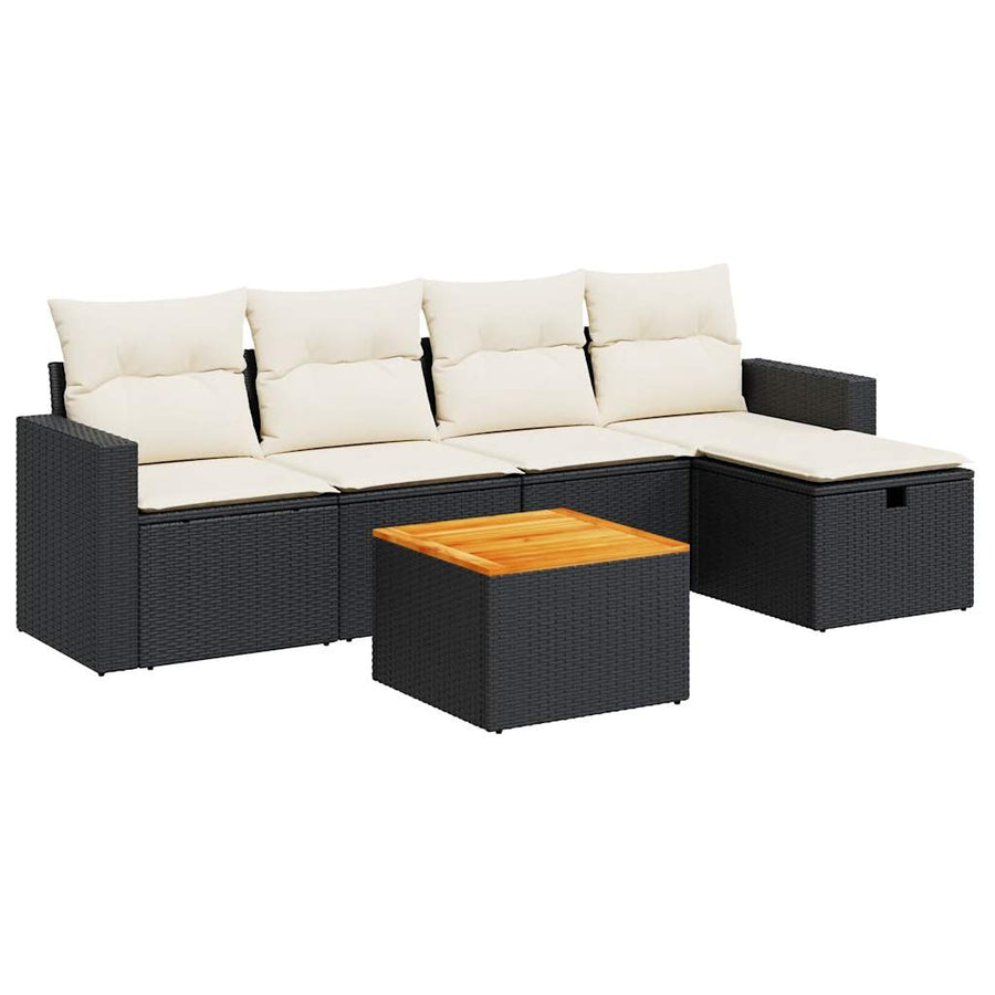 6-delige Loungeset met kussens poly rattan zwart