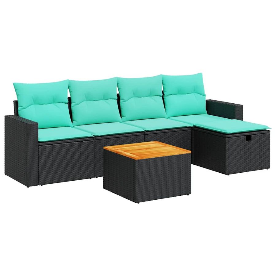 6-delige Loungeset met kussens poly rattan zwart