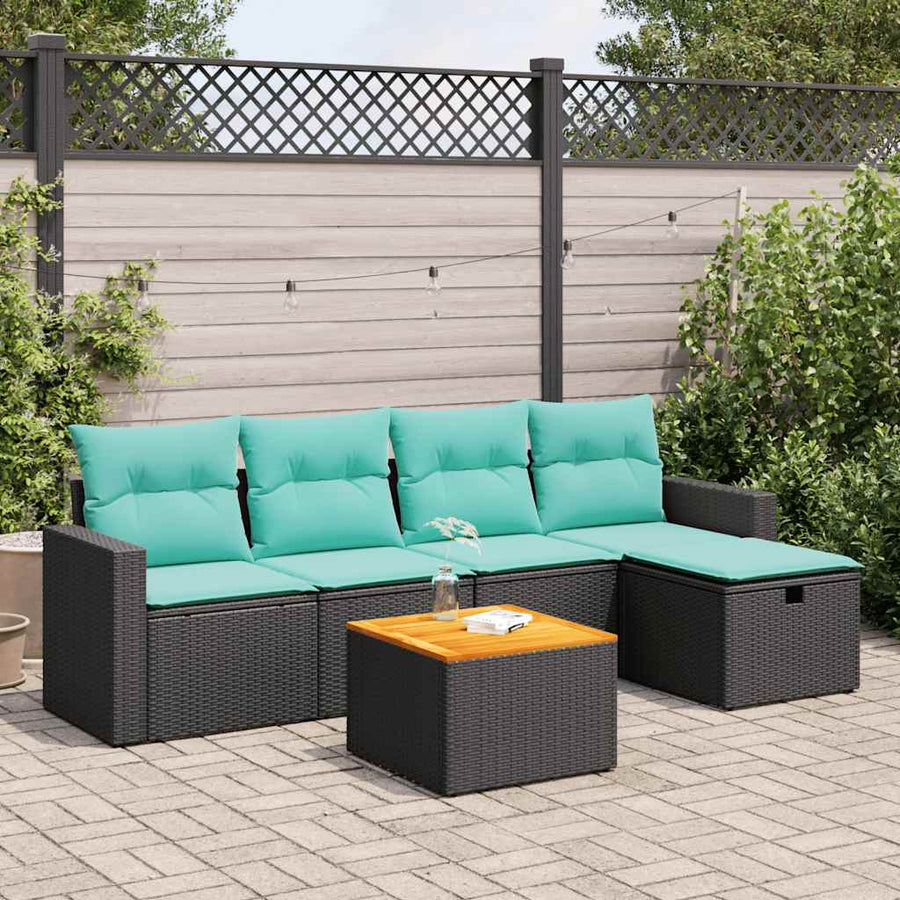 6-delige Loungeset met kussens poly rattan zwart