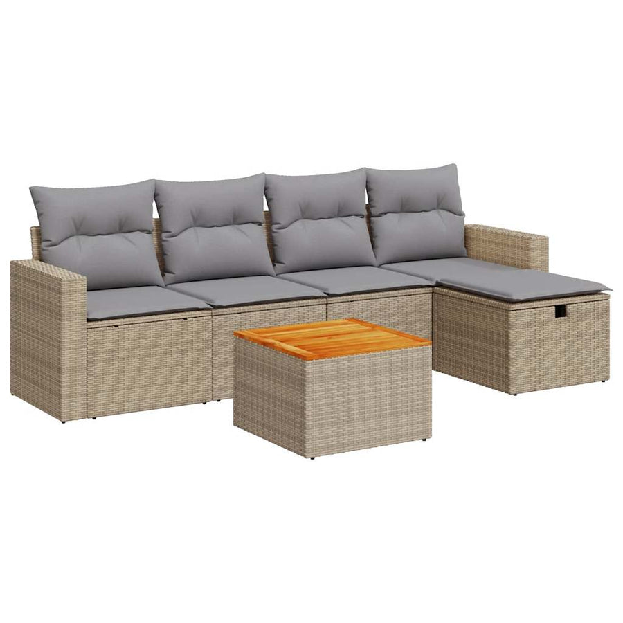 6-delige Loungeset met kussens poly rattan beige