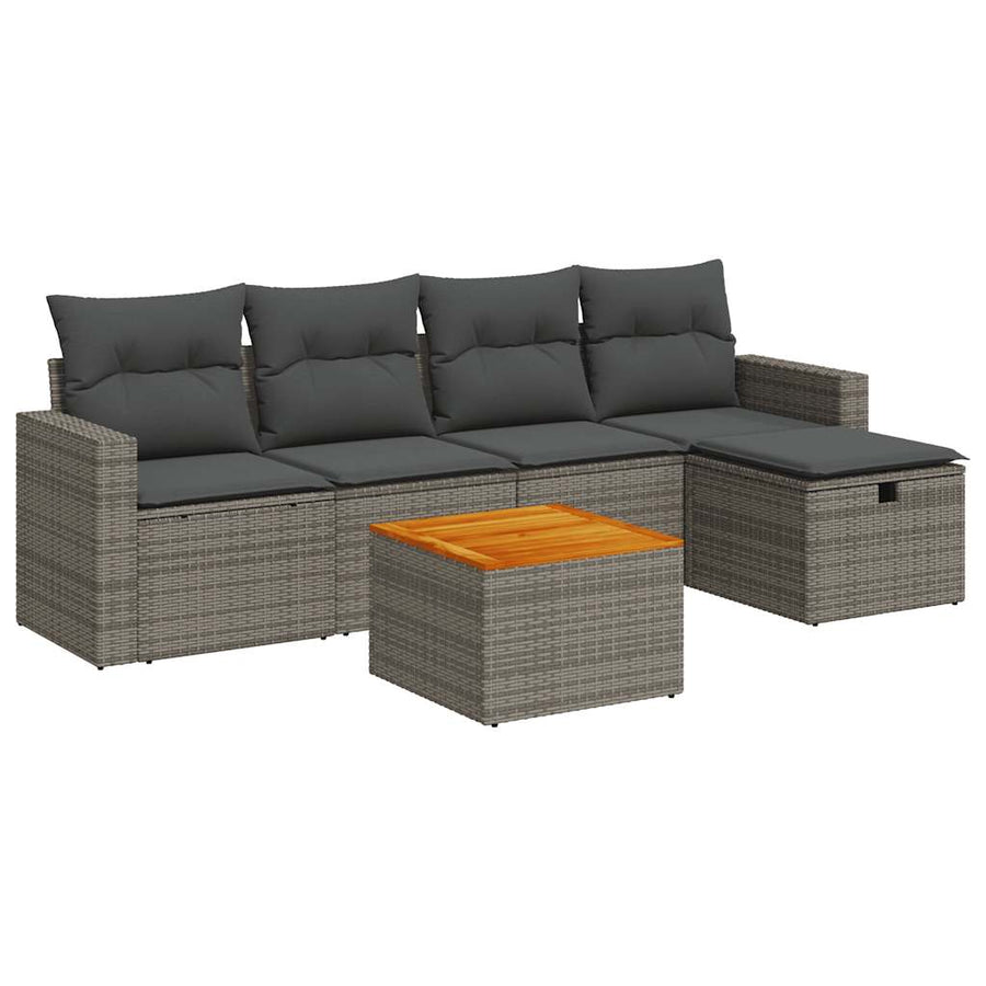 6-delige Loungeset met kussens poly rattan grijs
