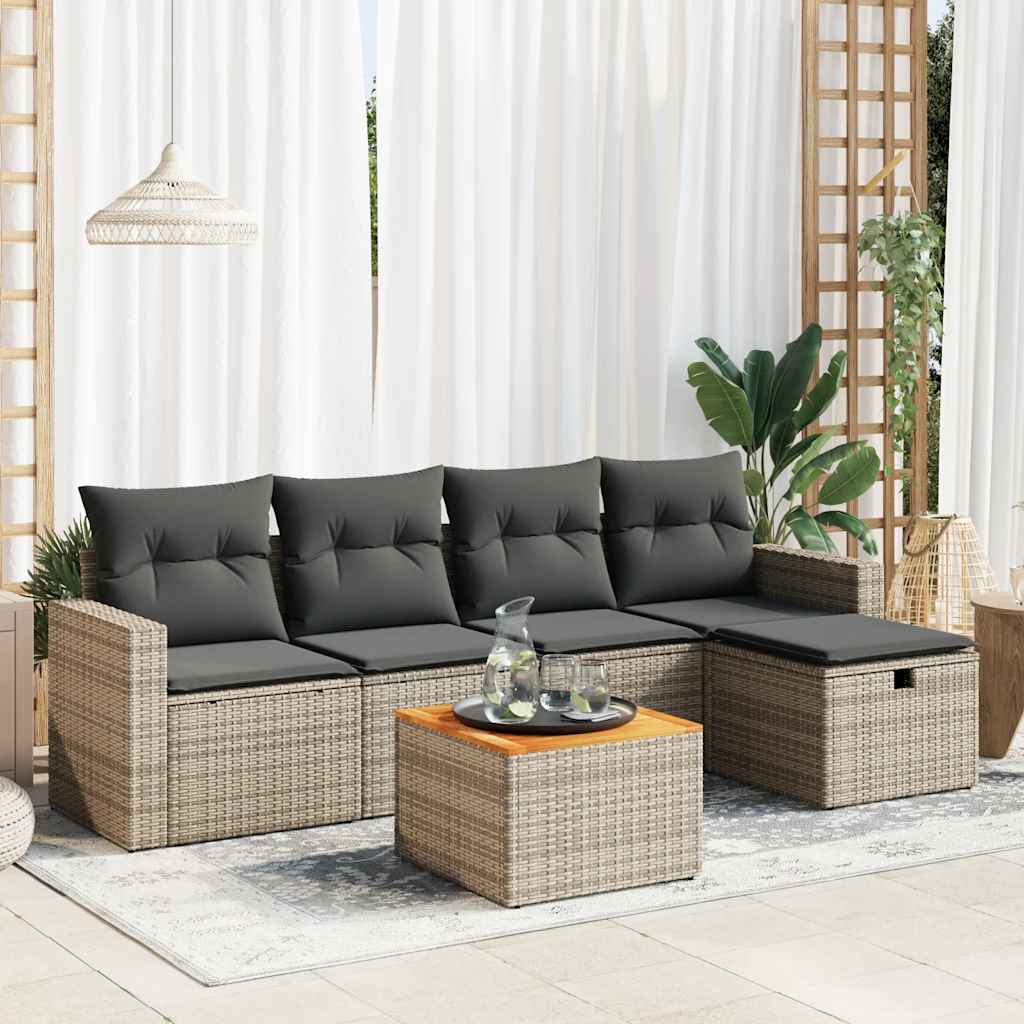 6-delige Loungeset met kussens poly rattan grijs