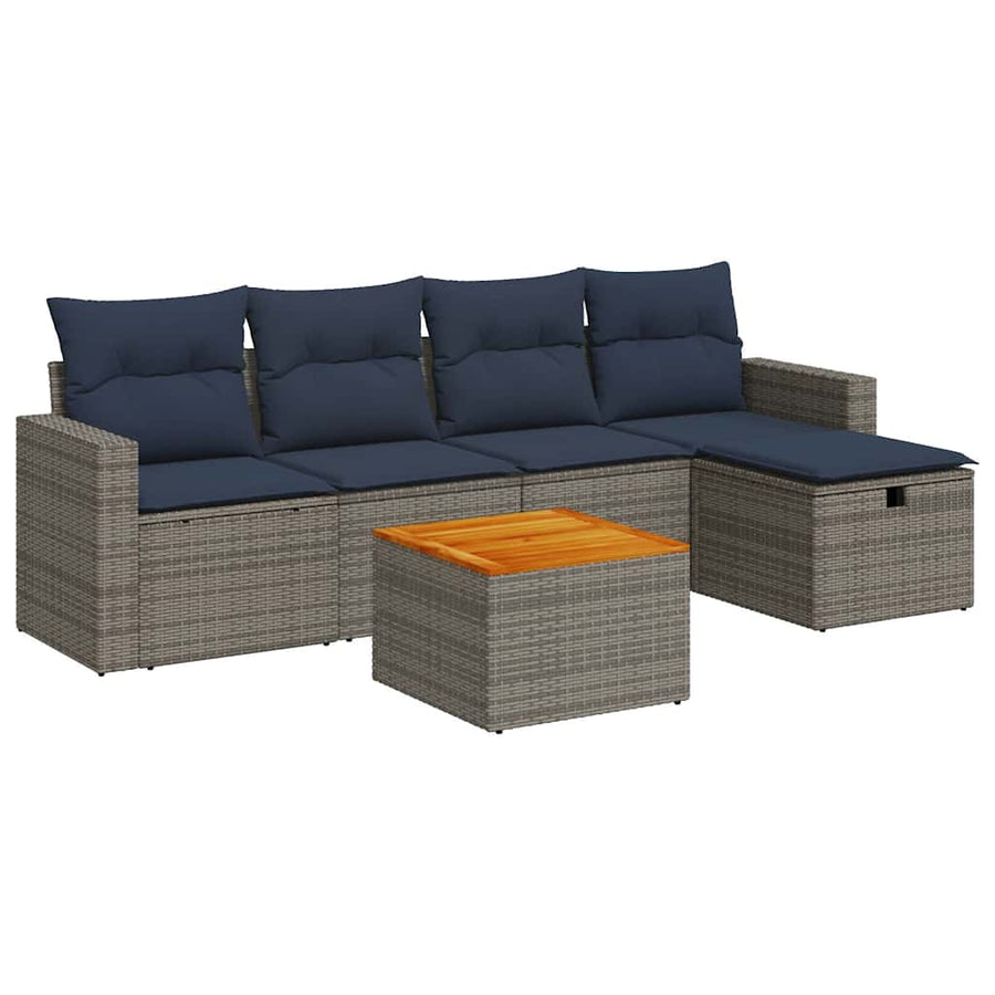 6-delige Loungeset met kussens poly rattan grijs