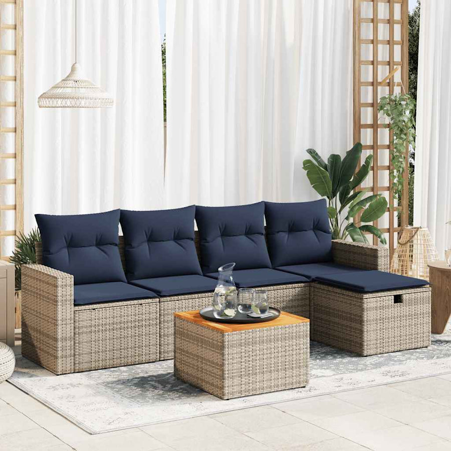 6-delige Loungeset met kussens poly rattan grijs