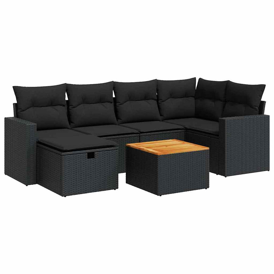 7-delige Loungeset met kussens poly rattan zwart