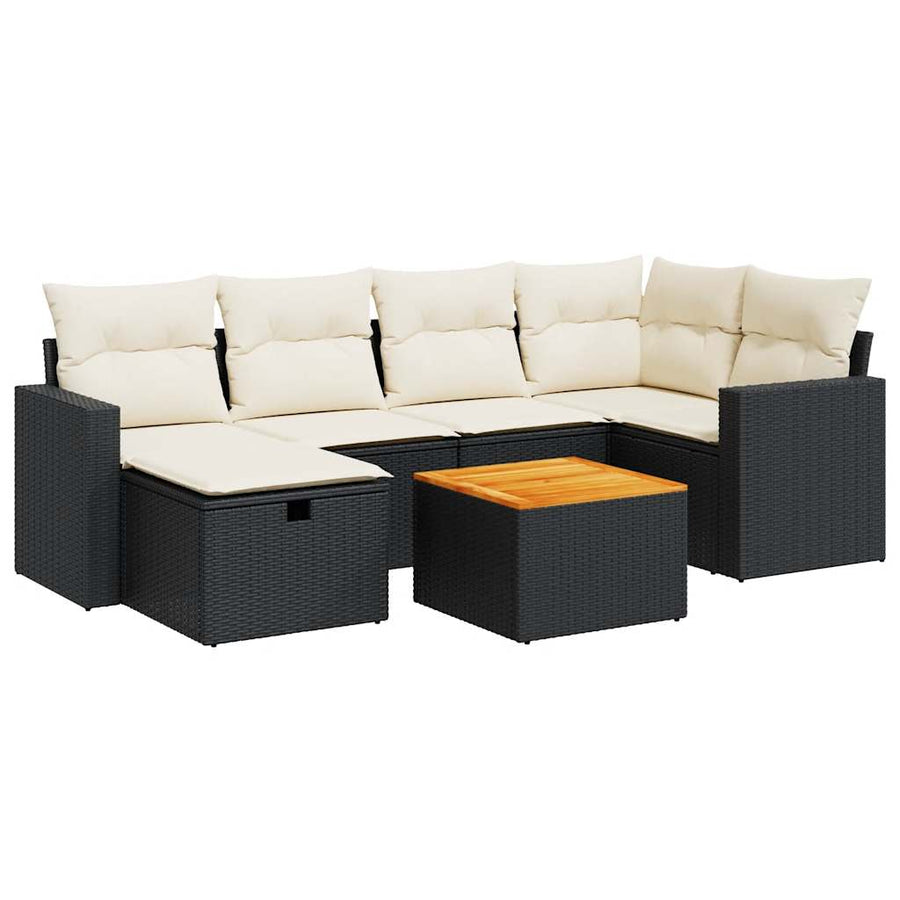 7-delige Loungeset met kussens poly rattan zwart
