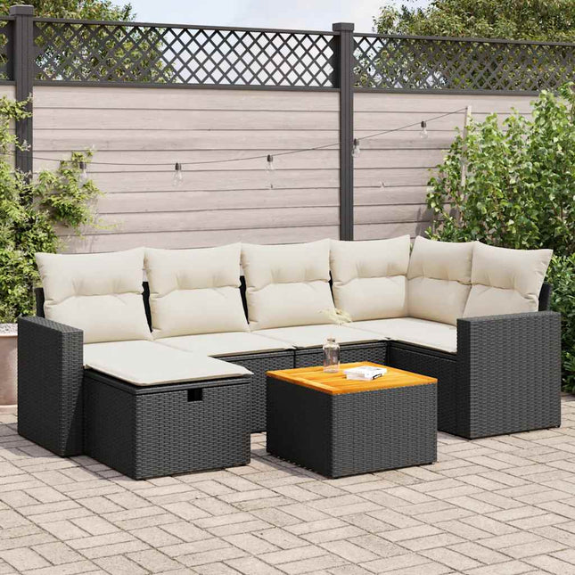 7-delige Loungeset met kussens poly rattan zwart