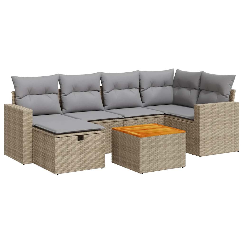 7-delige Loungeset met kussens poly rattan beige