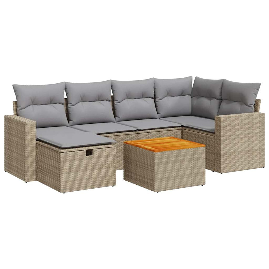 7-delige Loungeset met kussens poly rattan beige