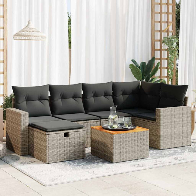 7-delige Loungeset met kussens poly rattan grijs